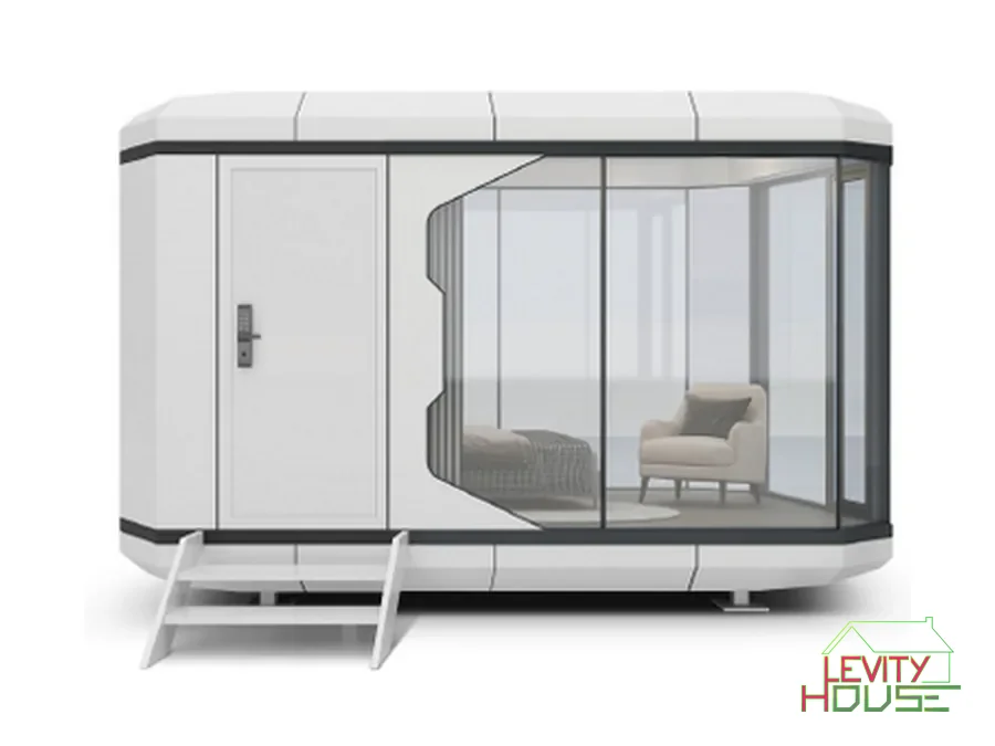 Levity House Serie M, capsula compatta con porta piena e vetrata d'angolo